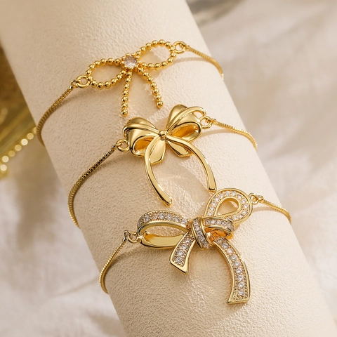 Gold Plated Copper Bow Pendant Bracelet Sparkling Rhinestone Micro Inlaid Adjustable Slider Bolo Chain Fashion Jewelry For Women