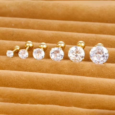 Round Zircon Stud Earrings Stainless Steel Four Prong Gold Plated Screw Back Ball Cartilage Piercing Jewelry For Women