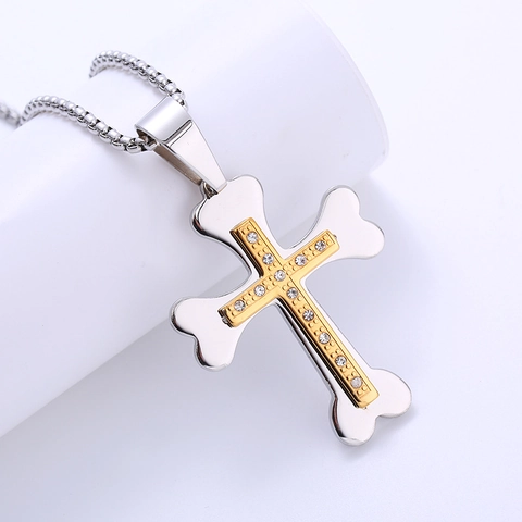 Kruis Hanger Ketting 316L Roestvrij Staal Tweekleurig Goud Botvorm Met Steentjes Religieus Vintage Voor Heren