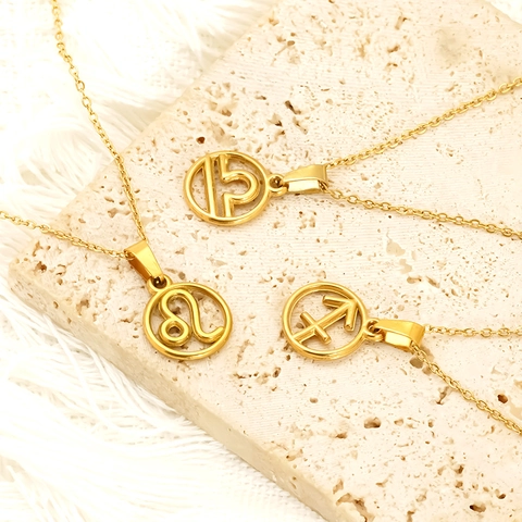 Zodiac Constellation Necklace 18K Gold Plated Titanium Steel Hollow Round Astrology Pendant Fashion Jewelry For Women Men