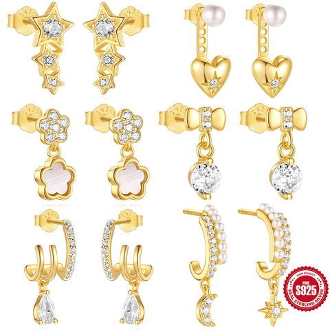 925 Sterling Zilver Vergulde Oorbellen Voor Dames Met Zirkonia Kunstparel Schelp Hart Bloem Vlinder Hangende Oorbellen