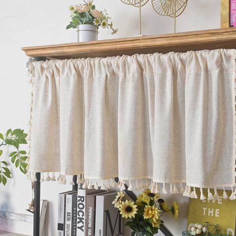 Nordic Minimalist Polyester Cotton Blend Short Curtain With Tassels Floral Pattern Cafe Kitchen Cabinet Valance Semi-shading Decor
