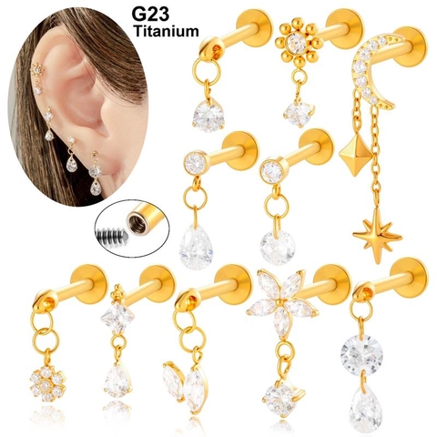 G23 Titanium Lip Studs Piercing Jewelry Internal Thread Zircon Dangle Moon Star Flower Cartilage Earrings