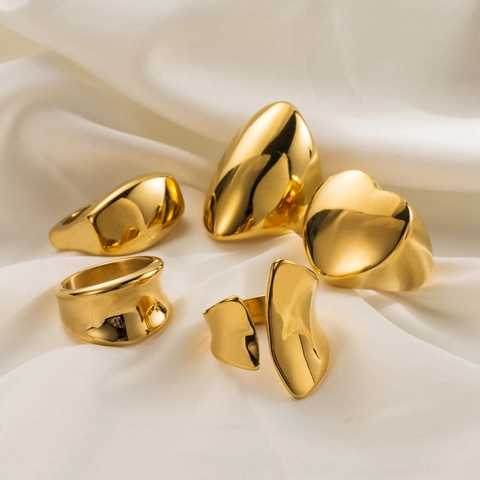 18K Gold Plated Stainless Steel Rings For Women Geometric Heart Oval Square Chunky Polished Jewelry
