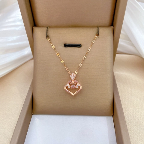 Collar Con Colgante De Corazón Oro Rosa Para Mujer Cadena Acero Inoxidable Cobre Micro Pavé Circonita Rosa Joyería