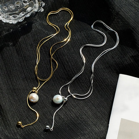 Collana A Y Con Perla Artificial Barocca Argento Sterling 925 Catena Lunga Regolabile Per Maglioni Gioielli Geometrici Minimalisti Donna