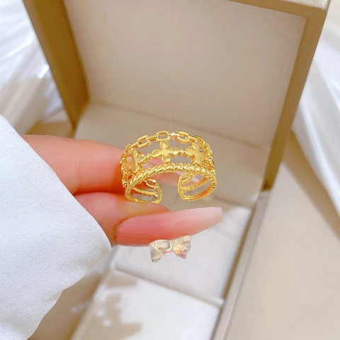 Anello Regolabile Quadrifoglio Rame Placcato Oro Svuotato Gioielli Minimalisti Per Donne