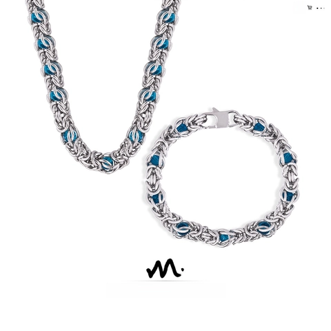 Byzantine Weave Necklace And Bracelet Jewelry Set Stainless Steel With Blue Beads Exaggerated Punk Hip Hop For Men