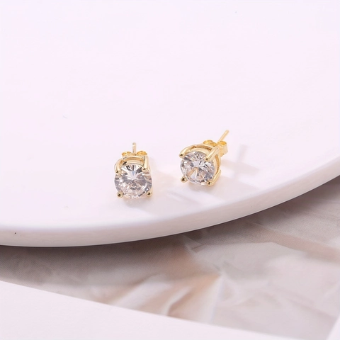 Classic Round Zircon Stud Earrings Gold Plated Copper Jewelry With 925 Sterling Silver Earring Post For Women Simple Minimalist Accessory