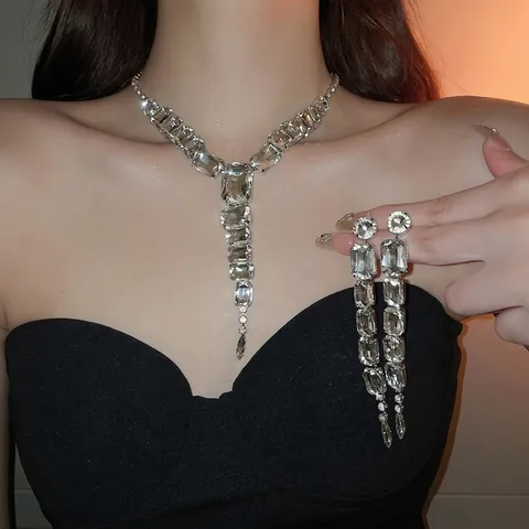 Collana E Orecchini In Lega Con Strass Per Donna Vintage Cristallo Quadrato Nappa Lunga Perno In Argento