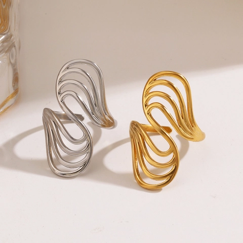 Stainless Steel Hollow Wavy Ring For Women Geometric Layered Lines Open Adjustable 18K Gold Plated Fashion Jewelry
