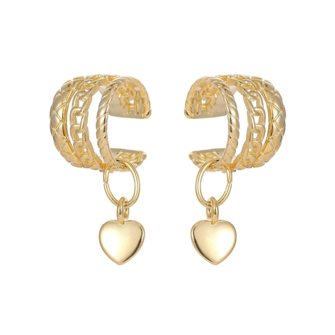 French Vintage Multi-layer Textured Copper Ear Clips With Heart Pendant Zirconia Inlaid Gold Silver Plated Jewelry For Women