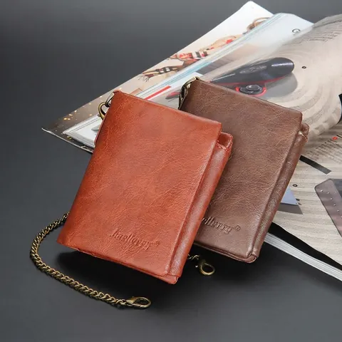 Men Wallet PU Leather Retro Detachable Metal Chain Tri-Fold Vertical Multi Card Slots Business Large Capacity