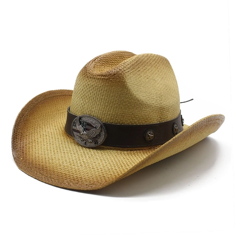 Western Cowboy Straw Hat Wide Brim Sun Protection For Beach Vacation Summer With Eagle Buckle Star Rivets Men Women