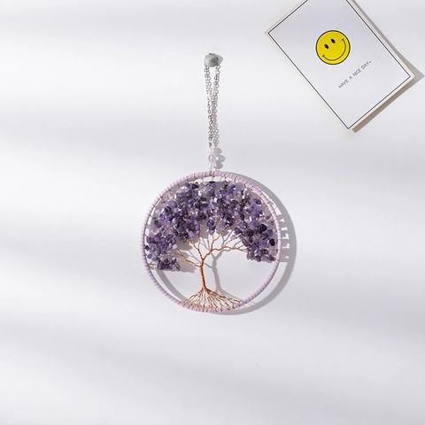 Tree Of Life Hanging Ornament Handmade Crystal Stone Copper Wire Wall Decor Nordic Style Healing Gemstone Dream Catcher