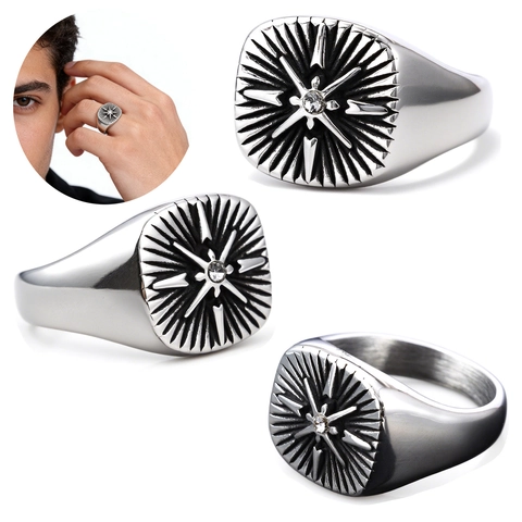 Anillo De Sello Con Brújula Y Estrella Para Hombre Acero Inoxidable Con Circón Estilo Vikingo Náutico Retro