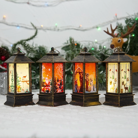Vintage Christmas Decorative LED Lantern Bronze Plastic Printed Santa Claus Snowman Reindeer Tabletop Night Light Hanging Ornament