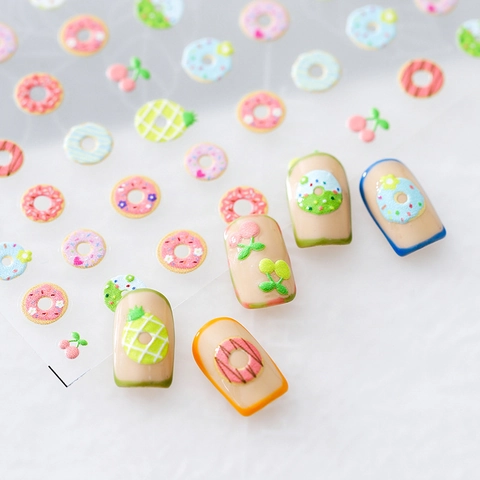 Autocollants Ongles Relief 5D Motifs Donuts Fruits Autocollants Décoration Manucure Pour Femmes Filles