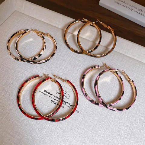 Leopard Print Hoop Earrings Faux Leather Alloy Gold Round Fashion Retro Jewelry With 925 Sterling Silver Earring Post