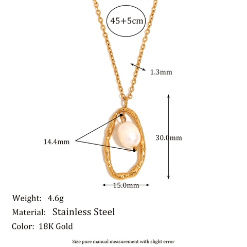 Artificial Pearl Pendant Necklace Stainless Steel 18K Gold Plated Irregular Textured Oval Charm Retro Elegant Jewelry For Women