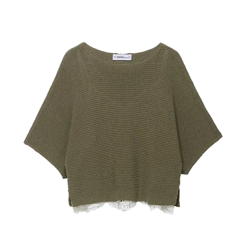 Women Round Neck Knit Top Solid Color Mid Sleeve With White Lace Hem Patchwork Casual Sweater