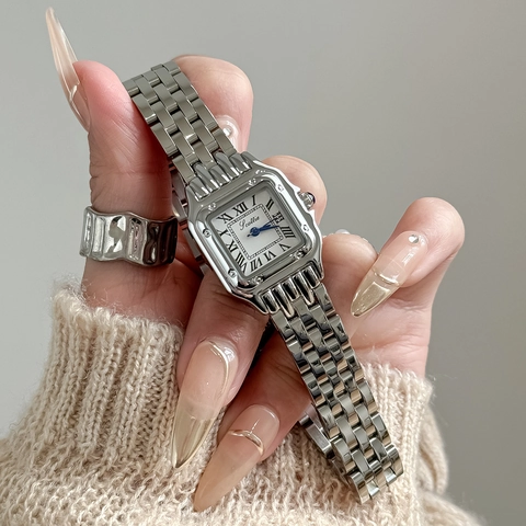 Damen Quadratische Quarzuhr Vintage Römische Ziffern Edelstahl Metallband Wasserdichte Elegante Mode Armbanduhr