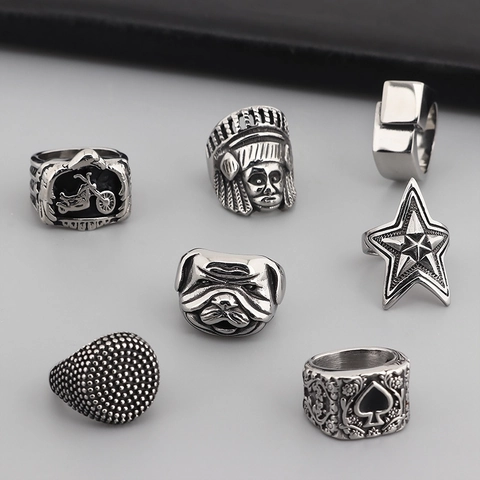 Anillos Hombre Retro Punk Acero Inoxidable Jefe Indio Calavera Estrella Ancla Pica Biker Hip Hop Joyería Anillo Sello