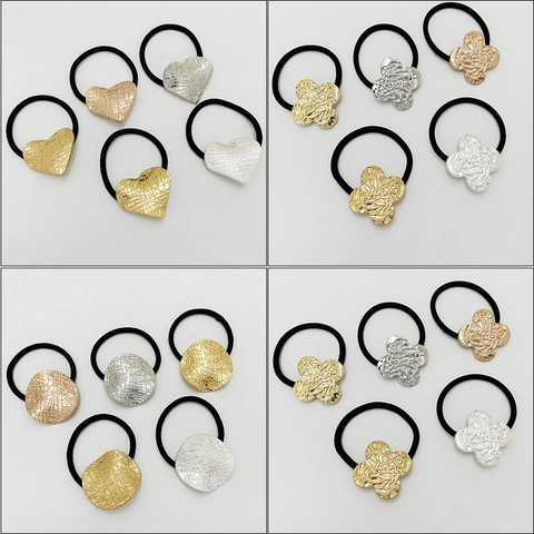 Gomas De Pelo Aleación Metal Soporte Coleta Corazón Trébol Texturizado Accesorio Para El Cabello Mujer