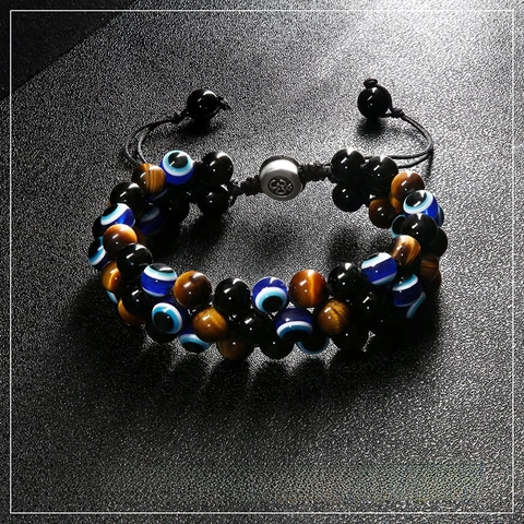 Dreilagiges Evil Eye Armband Tigerauge Stein Handgewebt Verstellbar Geflochtene Kordel Schutzschmuck Für Herren