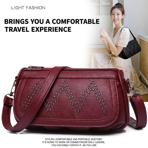 Umhängetasche Damen PU Leder Lychee Muster Nieten M Multi Reißverschluss Große Kapazität Schultertasche Retro Stil