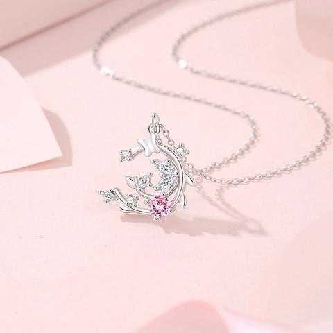 S925 Sterling Silver Pink Fairy Butterfly Moon Necklace Elegant Zirconia Pendant Choker For Women Sweet Romantic Fine Jewelry