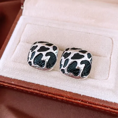 Square Stud Earrings Alloy Enamel Leopard Print Animal Texture Retro Fashion For Women 925 Sterling Silver Earring Post