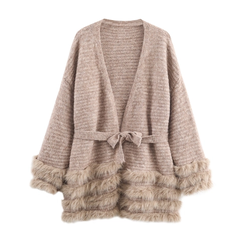 Cardigan En Maille Pour Femmes Bordure En Fausse Fourrure Manches Longues Col En V Ceinturé Pull Élégant