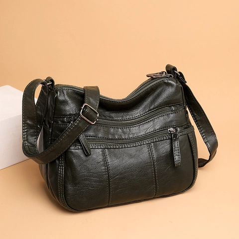 Women PU Leather Crossbody Bag Multi Zipper Pocket Large Capacity Casual Soft Shoulder Handbag Adjustable Strap Solid Color
