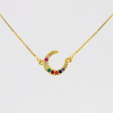 Luxus Kupfer Sichelmond Halskette Vergoldet Regenbogen Zirkonia Eingelegt Geometrische Anhänger Halskette Für Damen Mode Schmuck