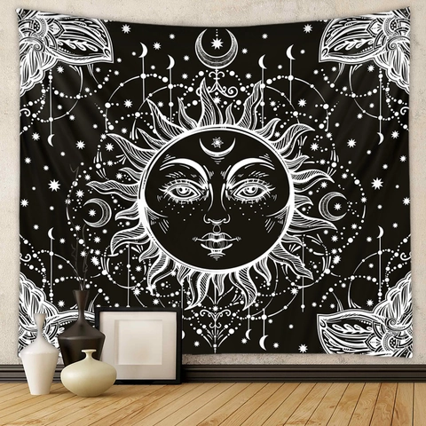 Arazzo Sole Luna Stelle Nero Bianco Poliestere Appeso Parete Bohemien Mistico Mandala Arte Decorazione Camera Letto Soggiorno