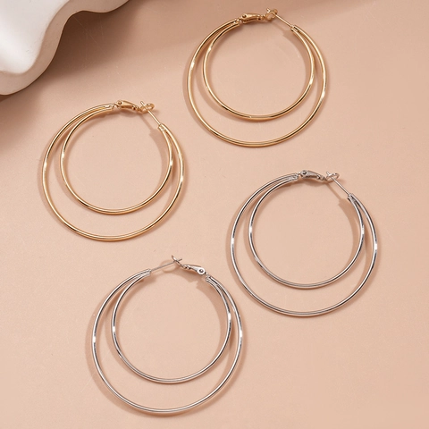 Double Layer Geometric Hoop Earrings Iron Metal With Steel Earring Post Minimalist Fashion Jewelry For Women