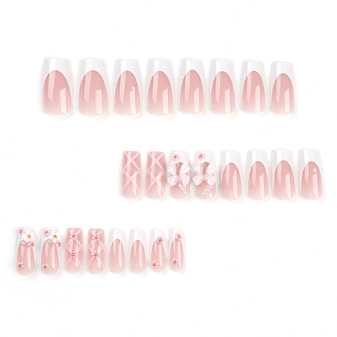 Unghie Finte Lunghe Balletto French Tip Bianco Rosa Sfumato 3D Fiocco Fiore Perla Artificial Unghie Finte Per Donna Dolce