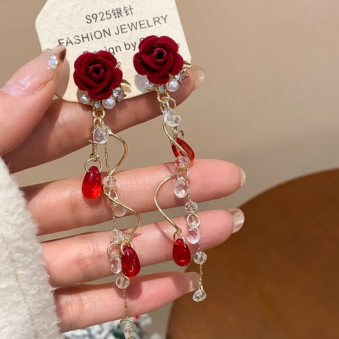 Red Flocked Rose Long Tassel Drop Earrings With Imitation Artificial Pearl Crystal And 925 Sterling Silver Earring Post