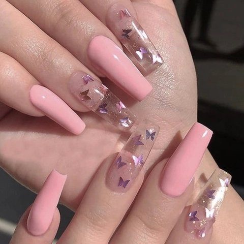 Unghie Finte Lunghe Bara Design Farfalla Laser Rosa Punte Artificiali Decorazione Manicure Lucida