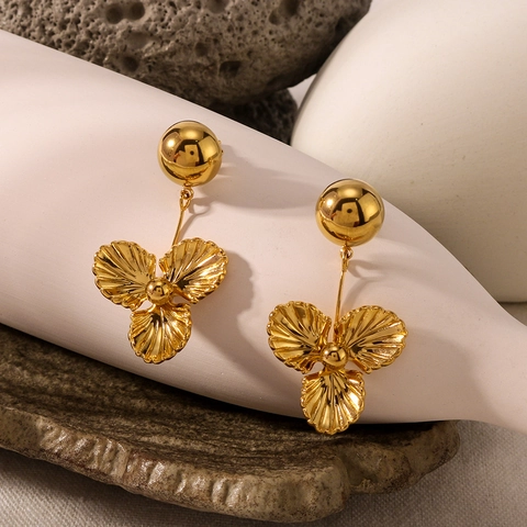 Pendientes Acero Inoxidable Chapado Oro 18K Flor Tres Pétalos Colgantes Botón Bola Textura Nervada Vintage Mujer