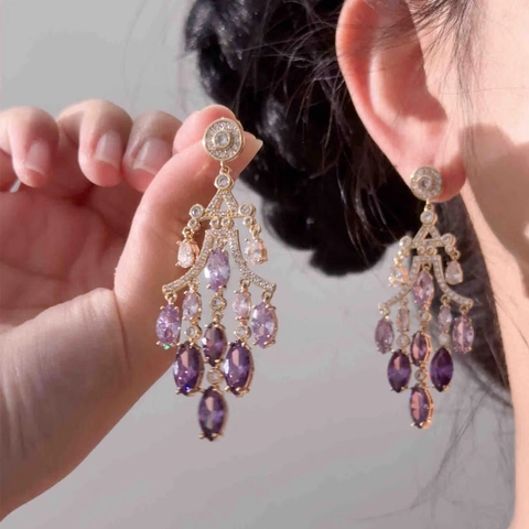 Orecchini A Lampadario Goccia D'acqua Placcati Oro 18K Rame Zircone Vintage 925 Argento Sterling Perno Per Donna