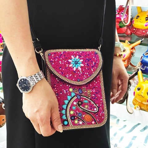Böhmische Bestickte Umhängetasche Damen Handgefertigte Glasperlen Elefantenmuster Vintage Ethno Mini Handytasche Schultertasche