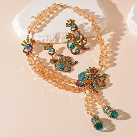 Collier Et Boucles D'oreilles Paon Avec Tige En Argent Strass Colorés Perles De Verre Bijoux Vintage Pour Femme