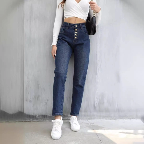 Women High Waist Denim Jeans Multi Button Fly Straight Leg Slim Fit Retro Dark Blue