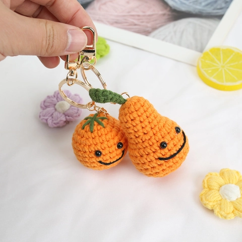 Portachiavi Frutta All Uncinetto Fatto A Mano Arancia Pera Ciondolo Borsa Maglia Cotone Decorazione Viso Sorridente