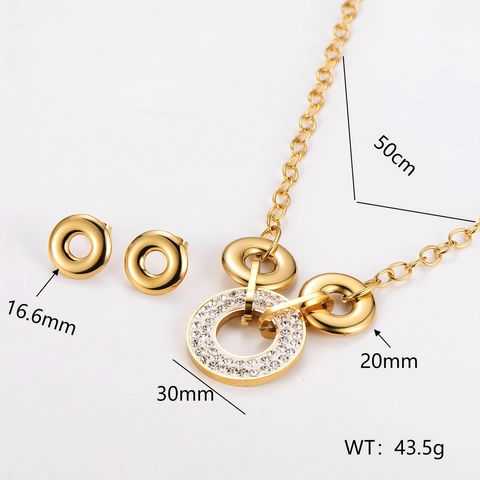 Elegante Vergoldete Edelstahl Halskette Und Ohrringe Für Damen Mit Strassbesetztem Kreisanhänger Und Runden Ohrsteckern