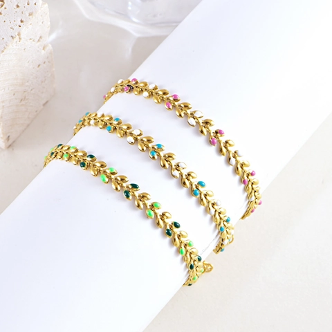 Bohemian Stainless Steel Enamel Wheat Leaf Bracelet For Women Summer Multicolor Jewelry Fashion Adjustable Hand Chain Gift
