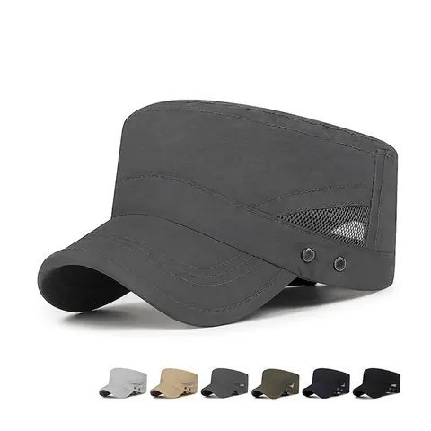 Mens Cadet Cap Flat Top Hat Polyester Quick Dry Breathable Mesh Sun Protection Adjustable Outdoor Sport Military Style