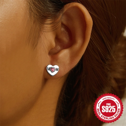 Heart Stud Earrings 925 Sterling Silver With AAAAA Zirconia Letter Mom Family Sister Wife For Women Jewelry Gift